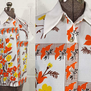 Vintage Floral Top 70s Orange Brown White Yellow 1970s Summer Short Sleeved Button Front Mod Gogo 1960s 60s Medium Large 