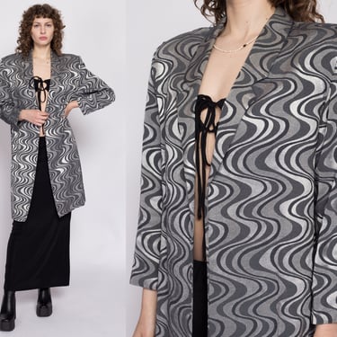 80s Silver & Black Wavy Op Art Jacket - Large | Vintage New Wave Open Fit Long Statement Blazer 