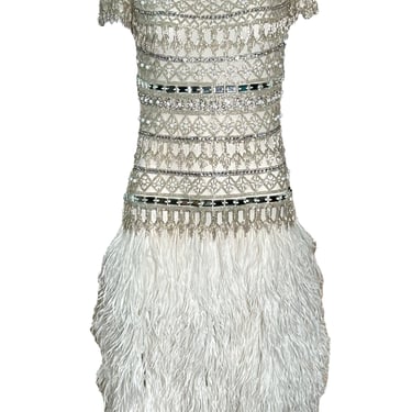 Naeem Khan 2014 White Sequin and Beaded Cocktail Dress with Feathers
