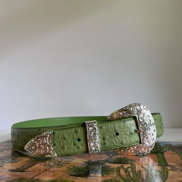 Vintage 1995 Green Top Grain Leather Silver Studded Buckle Belt - Large 