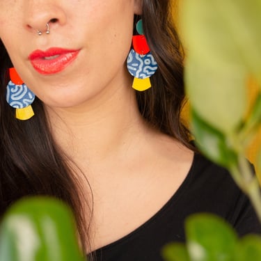 All Smiles Squiggle Earrings - Neon Orange + Blue Large Statement Leather Earrings 