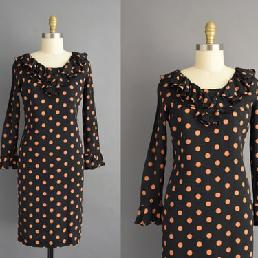 vintage 1960s dress | Pumpkin Polka Dot Black Rayon Print Dress | Small 