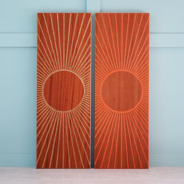 Engraved Sunburst Wooden Wall Hangings - Reclaimed Teak Veneer Shelves - Orange or Natural Inlay - CNC Machined - Mid Century - G Plan 