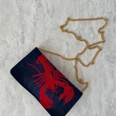 Vintage Red Lobster Embroidered Navy Evening Bag on Gold Chain