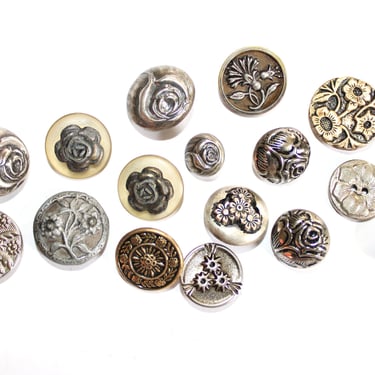 16 Antique Floral Motif Metal Buttons - Mother Daughter Victorian Picture High Relief 