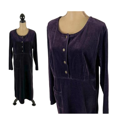 90s Plus Size Corduroy Dress, Dark Purple Maxi Dress XL, Casual Long Sleeve Loose Fit, 1990s Clothes Women Vintage - Real Comfort Size 16W 
