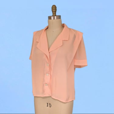 Vintage 80s Peach Silky Blouse, Vintage 1980s Boxy Fit Pink Button Down Shirt 