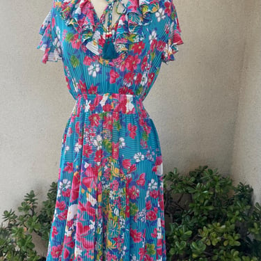 Vintage Diane Freis blue floral dress sheer Georgette ruffles & pleats Sz M/L 