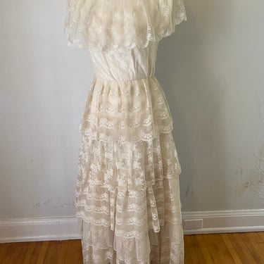 50s Vintage Ivory Silk Lace Ruffle Maxi Gown - VTG Princess Boho Wedding Prom Dress 