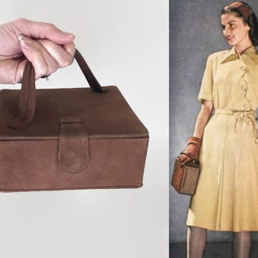 VINTAGE 1940s 1950s Brown Suede Calfskin Box Purse by Theodor California | 40s 50s Mirrored Square Hard Sided Handbag Documented Vintage vfg 