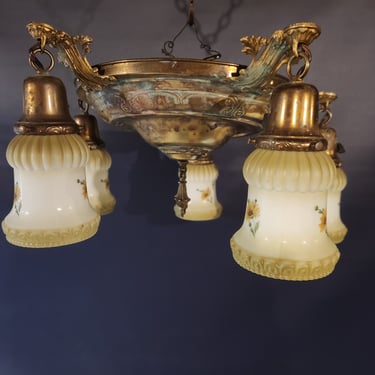 Antique 5 bulb Brass Pan Light with Shades 17