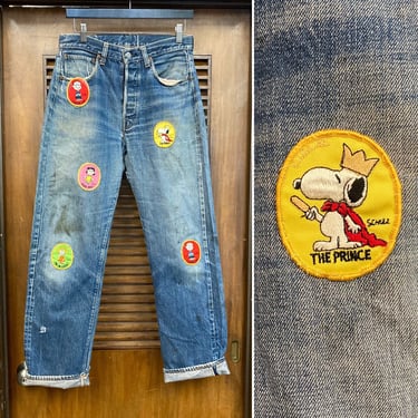 Vintage 1960’s Levi’s 501 Big E Denim Redline Jeans with Snoopy x Peanuts Patches, w30, 60’s Straight Leg Jeans, Vintage Clothing 