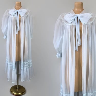 VINTAGE 50s Sheer Blue Balloon Sleeve Dressing Gown Robe by Radcliffe Size 36 | 1950s Nylon Chiffon Peignoir Lingerie | VFG 
