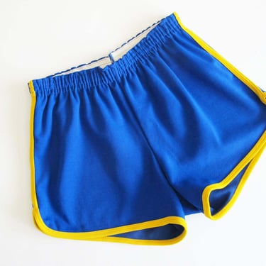 Vintage 70s Blue Yellow Stripe Running Dolphin Track Shorts S M - 1970s Elastic Waist Sports Shorts Russell Athletic 