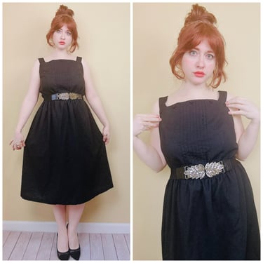 1970s Vintage Poly Rayon Black Dress / 70s Knit Pleated Bardot Fit and Flare Sundress / Size XL 
