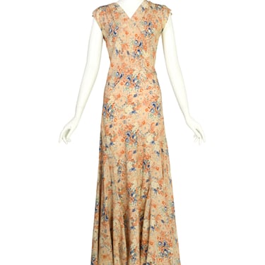 Scruggs Vandervoort &amp; Barney Vintage 1930s Beige Floral Crepe de Chine Bias Dress