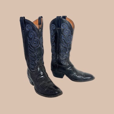Vintage Black Lizard Skin Cowboy Boots ~ Men's 6.5 / Women's 8 ~ Western ~ Rockabilly ~ Biker ~ 