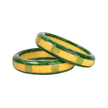 Shultz Reworked Vintage Pair of Green Yellow Marbled Inlay Bakelite Bracelets