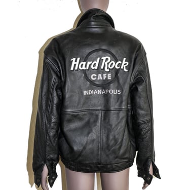 Hard Rock Cafe Black Leather Bomber Leather Embroidery Collared Jacket Outerwear Stylish Moto Biker Coat Casual Outerwear Rocker Leather Top 
