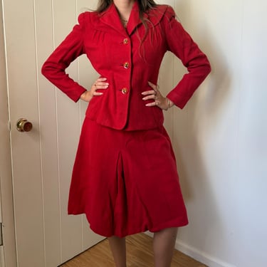 1940s Red Wool Suit with A-line Skirt and Jacket size Small 