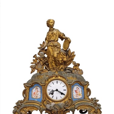 Antique French Sevres Porcelain Plaque Gilt Bronze Signed Louis Hottot Mantel Shelf Clock with Stamped Japy Freres Silk Thread Suspension 