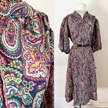 Vintage 1980s Rainbow Paisley Shirtwaist Dress / L (deadstock) 