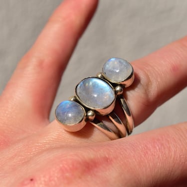Vintage Signed Sterling Silver Triple Moonstone Ring, Elongated Gemstone Ring, Rainbow Moonstone, Nicky Butler India 925, Size 7 US 