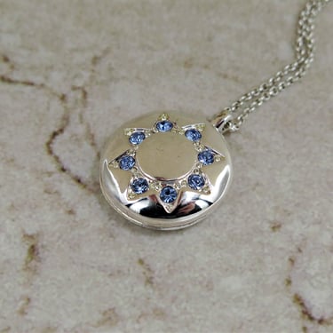 Silver Rhinestone Star Locket, Sapphire Jewelry, Vintage Locket Necklace, Photo Gift for Her, Unique Picture Jewelry, Art Deco Pendant 
