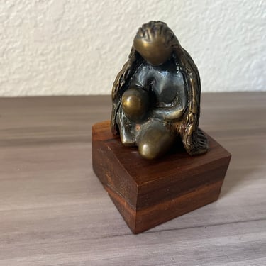 Vintage Mid Century Modern Bronze Mother and Child Sculpture on wood base 