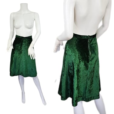 1970's Emerald Green Rayon Velvet A-Line Skirt I Sz Sm I W:24