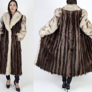 Paddors Full Length Raccoon Fur Coat / Vintage 70s Unisex Warm Winter Outdoor Overcoat / Womens Arctic Fox Fur Sleeve Jacket 