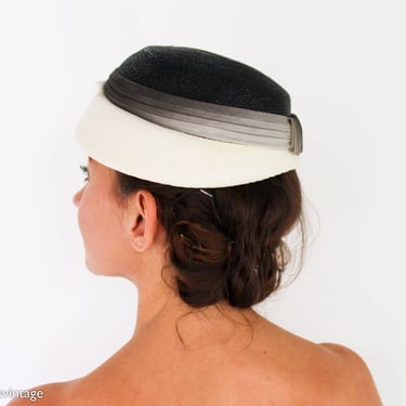 1950s Black & White Ombre Hat | 50s White Black Raffia Hat 