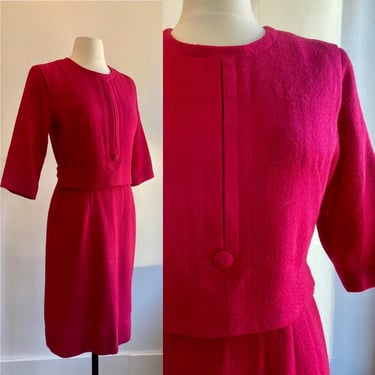 Vintage 60s MOD Wool SECRETARY Dress / 2 Piece Illusion / Back Button Sash / Berkshire / M-L 