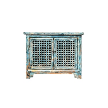 Distressed Fade Turquoise Blue Latticewook Doors Credenza Storage Cabinet ws4448E 