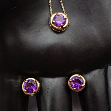 90's 14k amethyst Bogarz necklace & earrings, geometric BZ yellow gold purple gem pendant and studs set 