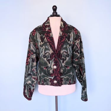 Vintage 90s "Painted Pony" Holly Print Tapestry Jacket, 1990s Button Down Novelty Print Oversized Sweater 