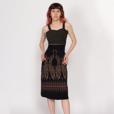 XXS-XS 70s Boho Black Peacock Midi Dress | Vintage Cotton Sleeveless Hippie Sundress 