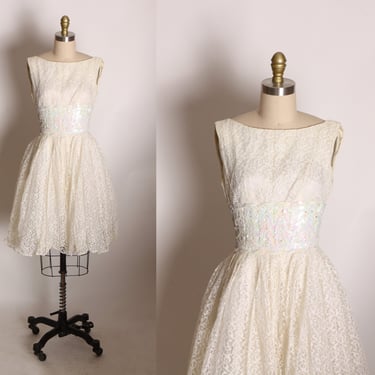 1950s White Sleeveless Lace Overlay Sequin Waist Fit and Flare Formal Prom Dress -XS 