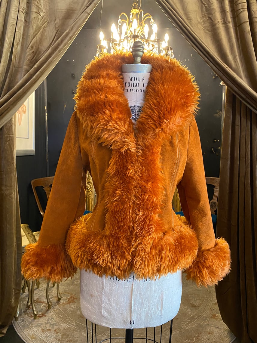 1970s shearling jacket, penny lane, rust orange, almost