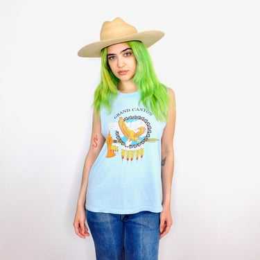 Grand Canyon Shirt // vintage 70s 80s cotton boho tee t-shirt t top blouse hippy tee tank blue southwestern // S/M 