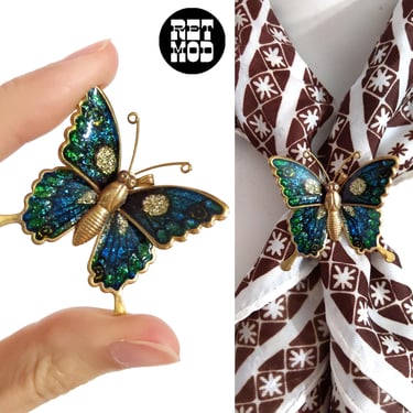 Deadstock Pretty Vintage 70s 80s Green & Blue Glitter Butterfly Gold Scarf Clip 