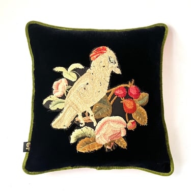 Handmade Velvet Toss Pillow with Antique Bird Appliqué 