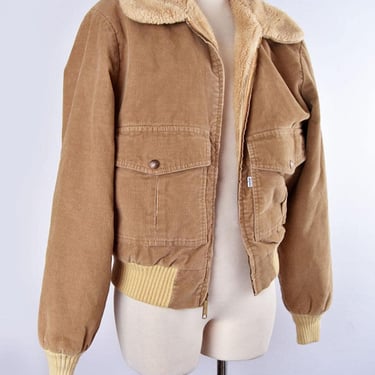 70's LEVI'S TYPE 2 Tan Corduroy Fur Lined Bomber Coat Jacket Vintage 1970's,  MEDIUM, 42