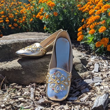 Vintage 1960s Gold & Multi Color Rhinestone Jeweled Toe Low Chunky Heels by 