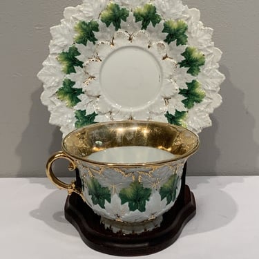 Hard To find form Antique Meissen Oak Leaf Design Green Gold Cup Saucer ,  Christmas teacup, gifts for mothers, gifts for her 