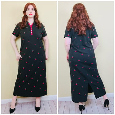 1990s Vintage Quacker Factory Cherry Embroidered Polo Dress / 90s Fruit Novelty Cotton Collared Maxi Dress / Size Large 