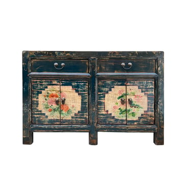 Chinese Distressed Dark Teal Blue Flower Graphic Credenza Cabinet cs7512E 