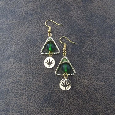 Hemp leaf earrings, marijuana earrings, etched earrings, hippie boho bohemian earrings, unique earrings, cannabis 