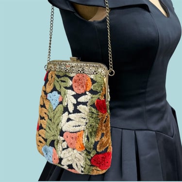 Vintage Shoulder Bag Retro 1960s Mid Century Modern + Chenille + Carpet Purse + Chain Strap + Evening Bag + Floral Print + Filigree 