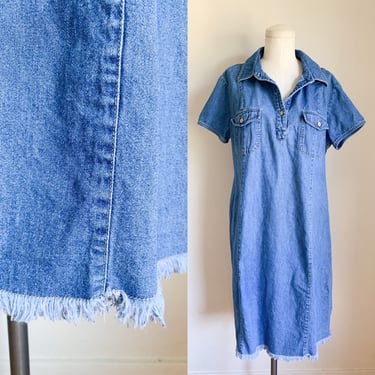 Vintage 1990s Denim Shirt Dress with frayed hem / L 